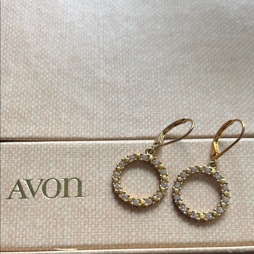 Avon Gold Eternity Circle Rhinestone Dangle Earrings Purple Gift Box | NIB E34